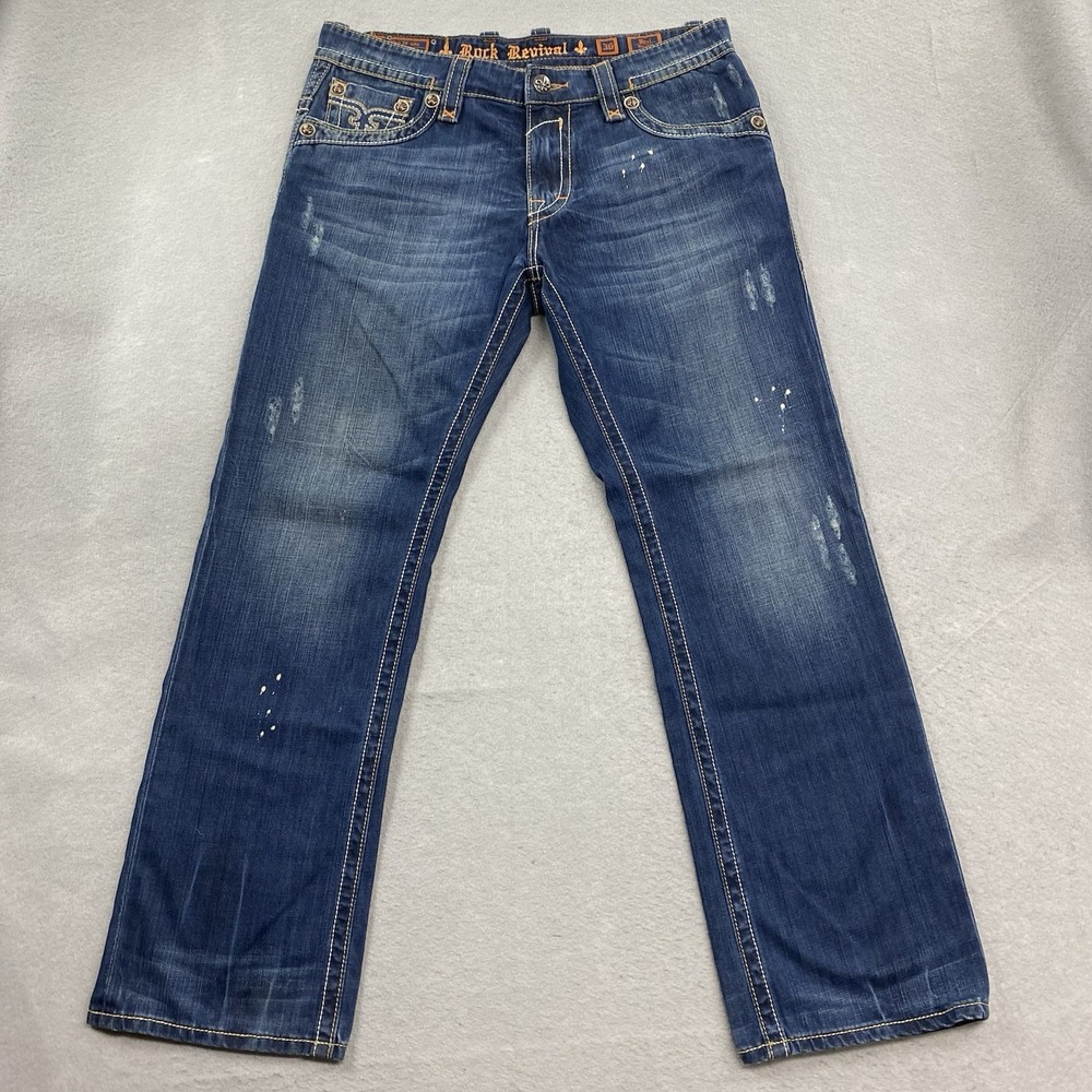 Rock Revival Jeans Mens 36 Blue Denim Pant Paul Straight Flap Pockets Distressed